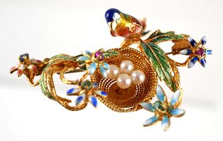 18K Yellow Gold Ruby Emerald Sapphire Pearl Brooch