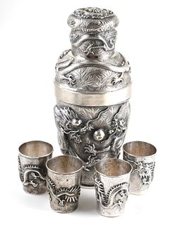 Old Chinese Sterling Silver Dragon Cocktail Set