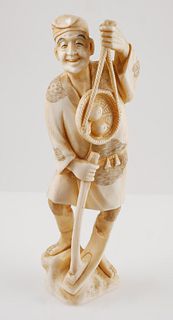 Antique Japanese Carved Ivory Farmer Sculpture
