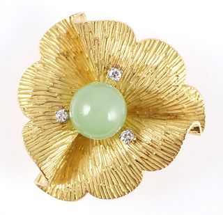 18K Yellow Gold Jade & Diamond Floral Leaf Brooch