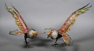 Vintage Pair Painted Metal Fighting Pheasants