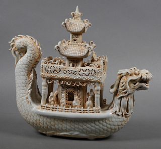 Chinese Porcelain Dragon Boat With Pagoda Figurine