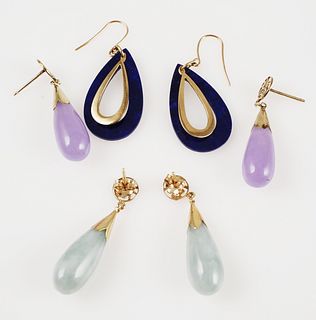 (3) Pair 14K Earrings Green Lavender Jade & Lapis