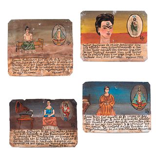 Lote de 4 exvotos relacionados con Frida Kahlo. México. Siglo XX. Óleo sobre lámina de zinc. Sin enmarcar. 20 x 23 cm (mayor)