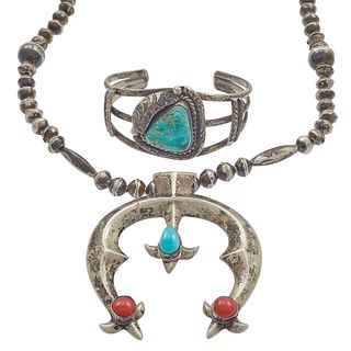 Navajo Coral, Turquoise, Sterling Necklace and Bracelet