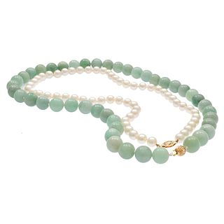 Jade Beads with Cultured Pearl, 14k Necklace