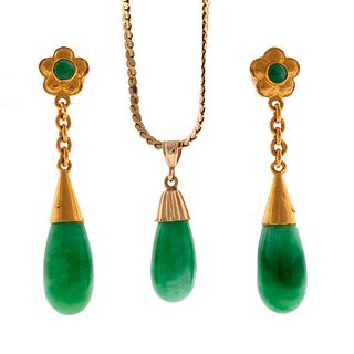 A jadeite, gold necklace and pair of earrings