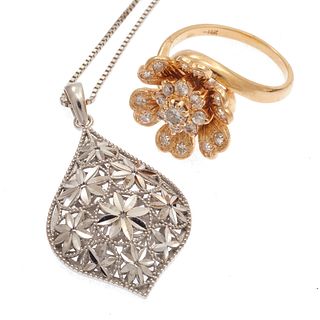 Collection of Two Diamond, 14k Foliate Jewelry Items