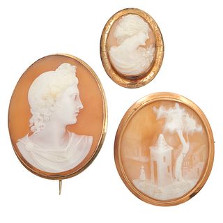 Collection of Three Shell Cameo, Yellow Gold Pins