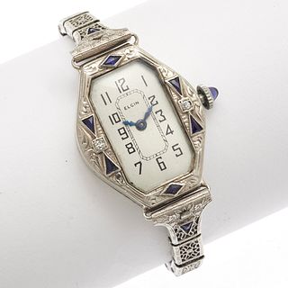 Elgin Art Deco, Diamond, Synthetic Sapphire, 14k, Gold-Filled Wristwatch