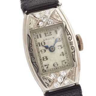Gruen Art Deco Diamond, 14k White Gold Wristwatch
