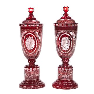 Pair of Bohemian Ruby Flash Glass Covered Urns