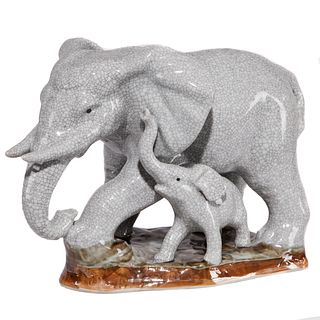 Crackle Glazed Porcelain Elephant Group, 20th Century