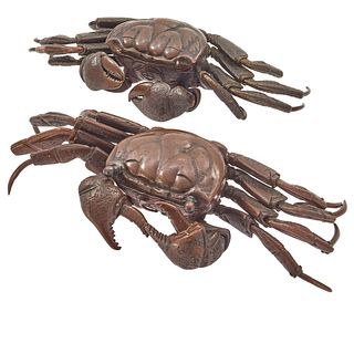 Two Japanese Bronze Articulated Crab Figures, Meiji Period 