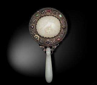 Chinese Hand Mirror with White Jade Handle, 17th Century