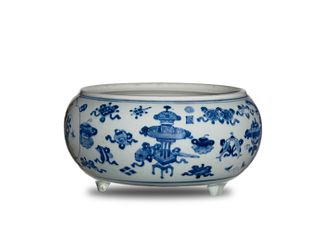 Blue and White Censer with Scholar's Items, Kangxi