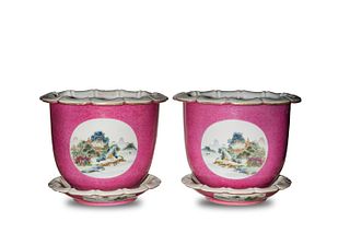 Pair of Chinese Ruby Red Lotus-Shaped Planters