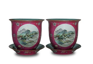 Pair of Chinese Ruby-Ground Famille Rose Planters