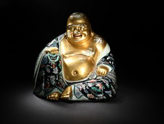Chinese Wucai Statue of Budai, Late 19th Century