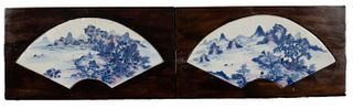 Pair of Chinese Blue, White and Red Enamel Fans
