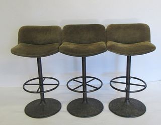 Vintage Set Of 3 Bar Stools With Olive Suede Seats