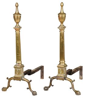 Fine Large Pair Engraved Brass Federal Andirons