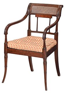 Sheraton Carved Mahogany and Caned Open Armchair