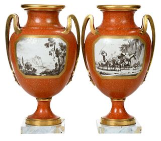 Fine Pair Sevres Coral Ground and Grisaille Urns