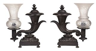 Pair of Classical Bronze Cornucopia Argand Lamps