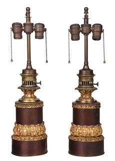 Pair French Gilt Bronze Mounted Moderator Lamps