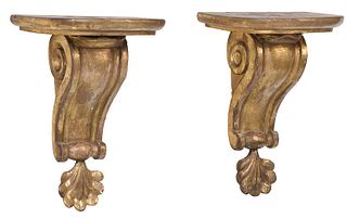 Pair Carved Gilt Shell Decorated Wall Brackets