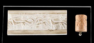 Sasanian Stone Cylinder Seal Bead w/ Equestrian & Stag