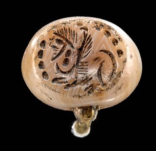 Sasanian Stone Stamp Seal Bead w/ Winged Man Bull