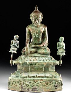 18th C. Burmese Brass Seated Buddha w/ Acolytes