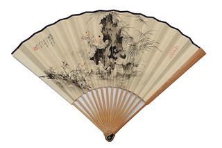 Chinese Fan Painting and Calligraphy by Wu Xianzeng and Xia Suntong