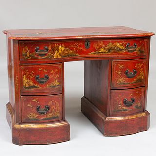 George II Style Scarlet, Black, and Gilt Japanned Kneehole Desk, 19th Century