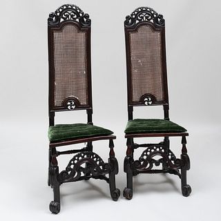 Pair of Charles II Walnut, Beechwood and Caned Tall Back Chairs