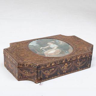 English Gilt-Tooled Leather Box with a Figural Colored Engraving