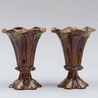 Pair of English Brown Glazed Spill Vases Molded with Leaves