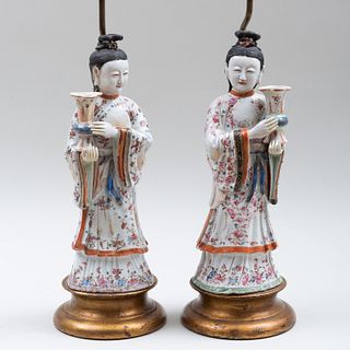 Pair of Chinese Export Porcelain Famille Rose Court Lady Candleholders Mounted as Lamps