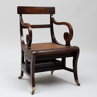 Regency Rosewood, Grain Painted, Leather and Caned Metamorphic Library Armchair