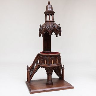 Continental Carved Oak Architectural Model of a Neo-Gothic Pulpit