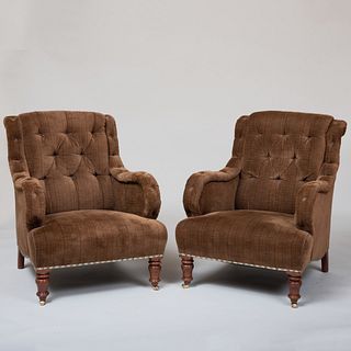 Pair of Victorian Style Mahogany and Tufted Velvet Upholstered Armchairs