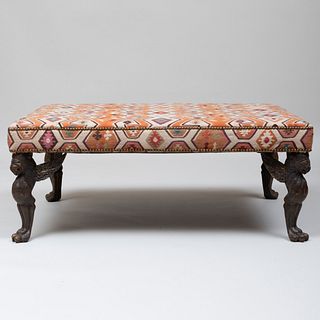 Thracian Kilim Upholstered Ottoman with Carved Teak Legs