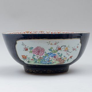 Chinese Famille Rose Blue Ground Porcelain Punch Bowl