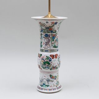 Chinese Famille Verte Porcelain Gu Form Vase Mounted as a Lamp