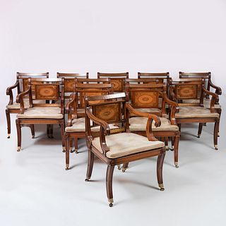 Set of Twelve Regency Style Brass Inlaid Mahogany and Caned Dining Chairs