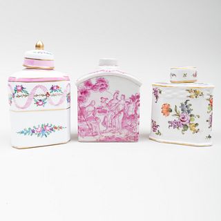 Two French Porcelain Tea Caddies and a Chinese Export Style Porcelain Tea Caddy