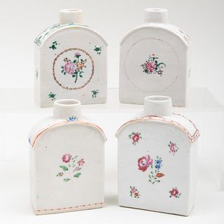 Group of Four Chinese Export Famille Rose Porcelain Tea Caddies Decorated with Flower Sprays
