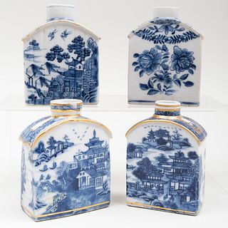 Group of Four Chinese Export Blue and White Porcelain Tea Caddies Decorated with Landscapes